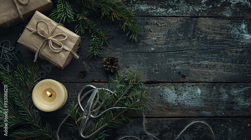 Two wrapped gifts, a candle, pine branches, a pinecone, and scissors on a dark wooden surface