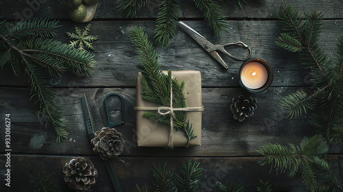 This is a still life of a wrapped gift with pine branches, a candle, scissors, and pine cones on a dark wooden surface.