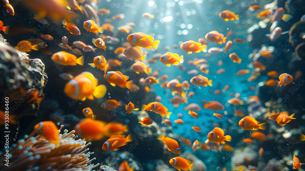 Naklejka premium Orange and White Clownfish Schooling in Blue Water - Realistic Photograph