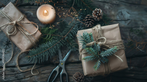  two wrapped gifts with pine branches and a candle on a wooden surface, along with scissors.