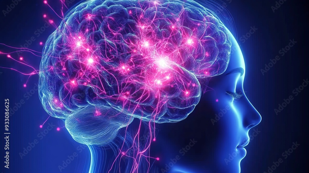 the human brain with glowing pink and blue neural connections, representing areas associated to emotional intelligence the human brain with glowing pink and blue neural connections, representing areas associated to emotional intelligence