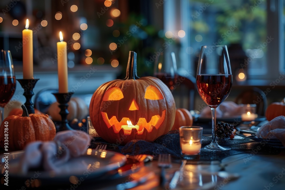 A table with a pumpkin on it and a glass of wine A table with a pumpkin on it and a glass of wine