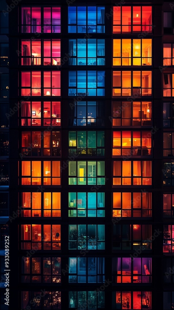 A night view of a building with large windows, , stained glass windows, rainbow color, colorful, skyline, night city view A night view of a building with large windows, , stained glass windows, rainbow color, colorful, skyline, night city view