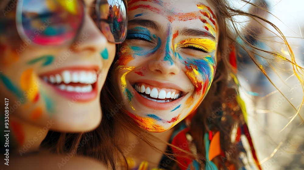 Obraz premium Close-up of festival-goers applying face paint, vibrant colors and intricate designs, detailed expressions of excitement, bright and sunny setting, joyful and creative atmosphere, sharp and vivid