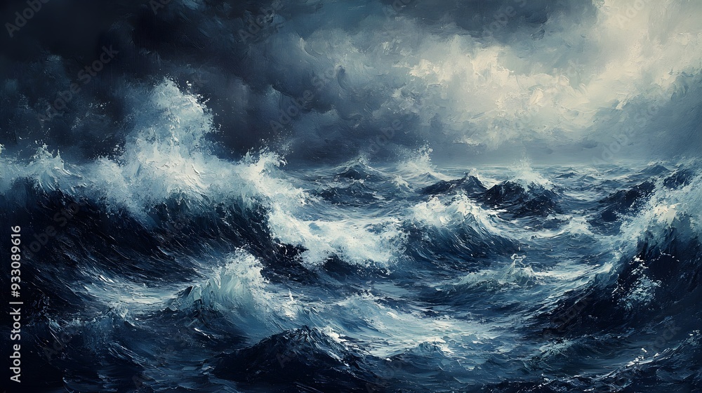 Ominous stormy seas with fierce waves colliding with sharp rocks, bold and expressive oil brushstrokes, dark tones capturing the chaos of the storm, traditional hand-painted style Ominous stormy seas with fierce waves colliding with sharp rocks, bold and expressive oil brushstrokes, dark tones capturing the chaos of the storm, traditional hand-painted style