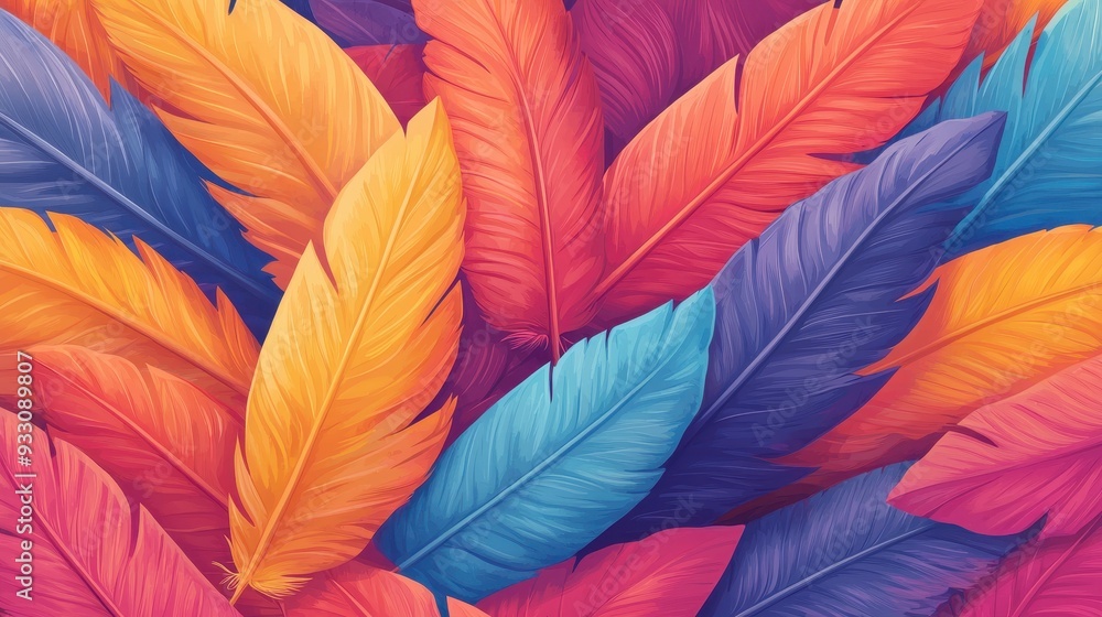 A vibrant, colorful arrangement of feathers in shades of orange, purple, and blue, creating a lively and energetic visual. A vibrant, colorful arrangement of feathers in shades of orange, purple, and blue, creating a lively and energetic visual.