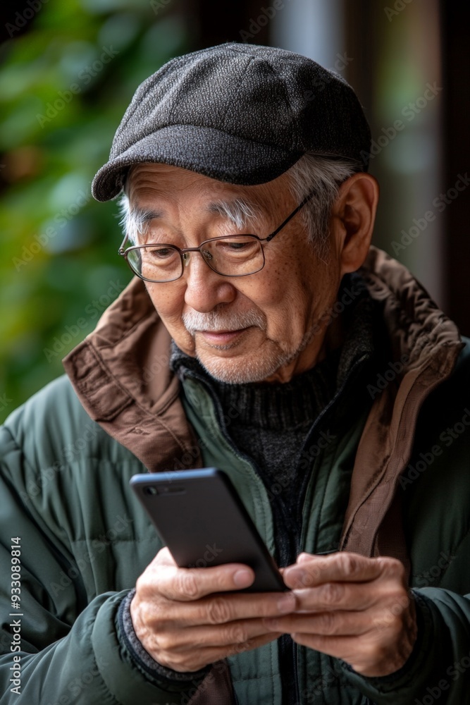 Japanese senior man focused on his smartphone, one hand holding it steady, the other scrolling with his thumb. Japanese senior man focused on his smartphone, one hand holding it steady, the other scrolling with his thumb.