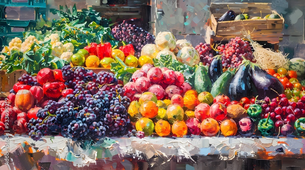 Obraz premium Bustling market stall laden with colorful produce, each fruit and vegetable detailed in rich oil paint, vibrant and full of energy, hand brush painted
