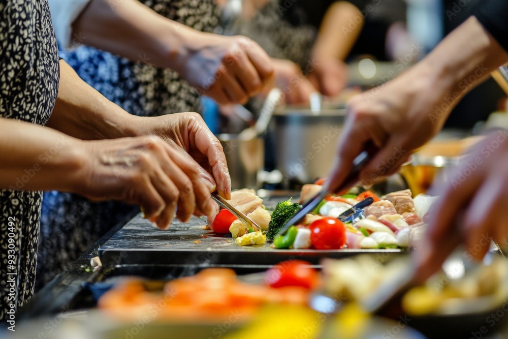 Group of Japanese adults working in a cooking class, hands chopping, stirring, and tasting, all in coordinated motion. Group of Japanese adults working in a cooking class, hands chopping, stirring, and tasting, all in coordinated motion.