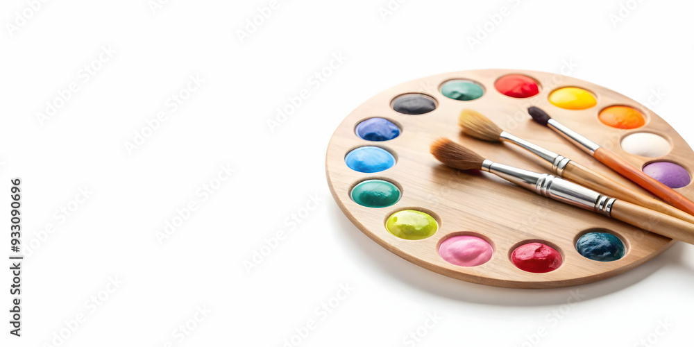 Naklejka premium 3d Flat icon as Brush and palette symbolizing art and creativity with ample space for text. concept as A paintbrush and a palette representing the fundamentals of art and creativity with room for writ