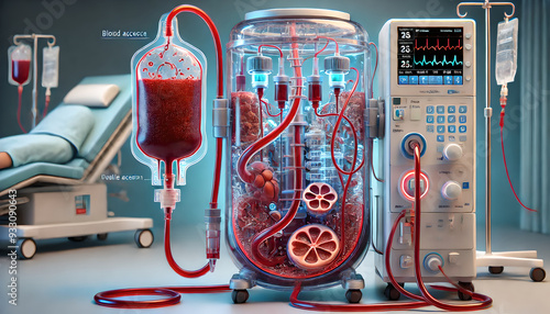 A detailed of a dialysis machine connected to a patient undergoing hemodialysis treatment. focus on the process of blood filtration, showing the blood entering and leaving the dialysis machine. photo