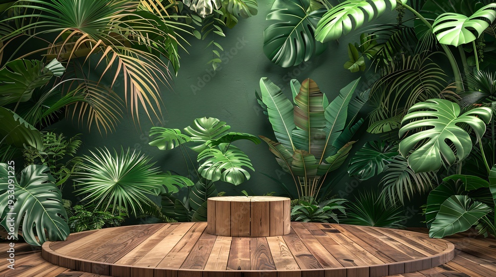 4. Lush tropical indoor garden, wooden circular platform, green foliage, palm fronds, ferns, monstera leaves, geometric green background, product display stage, jungle-inspired interior, various 4. Lush tropical indoor garden, wooden circular platform, green foliage, palm fronds, ferns, monstera leaves, geometric green background, product display stage, jungle-inspired interior, various
