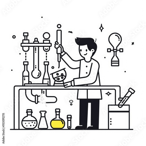 2d stick figure line style character working on an experiment in his giant labratory, white transparent background