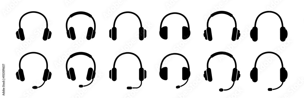 Headphones icon. Black headphones icon collection. Set of music headphones icons. headphone with microphone. Vector headphone icons Headphones icon. Black headphones icon collection. Set of music headphones icons. headphone with microphone. Vector headphone icons