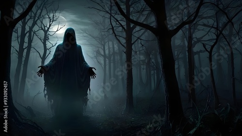 A spine-chilling Halloween scene featuring a ghostly figure floating through a dark and eerie forest