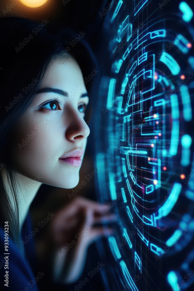 A young woman interacts with a futuristic digital interface, showcasing technology and innovation in a modern setting. A young woman interacts with a futuristic digital interface, showcasing technology and innovation in a modern setting.