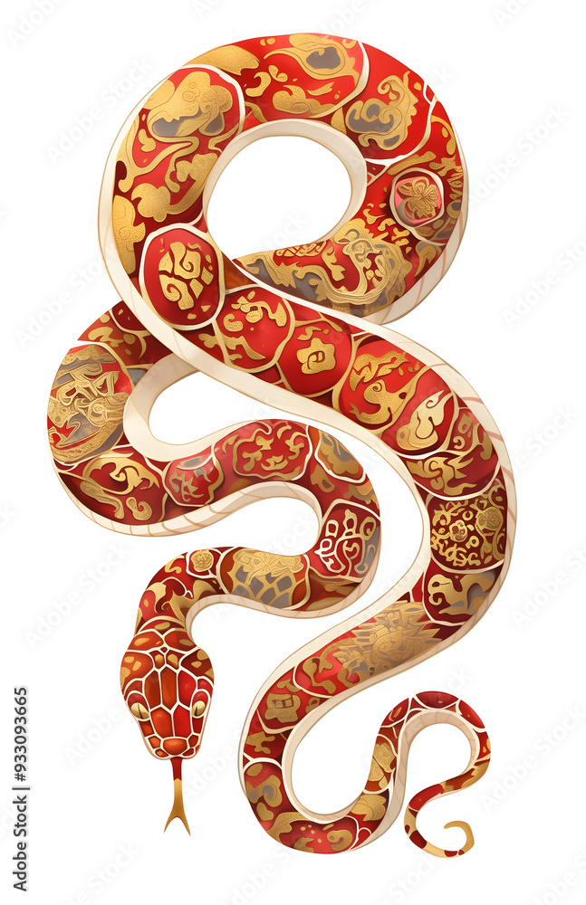 Chinese New Year 2025 Zodiac Snake. Chinese traditional art drawing of red snake with gold ornament on skin Chinese New Year 2025 Zodiac Snake. Chinese traditional art drawing of red snake with gold ornament on skin