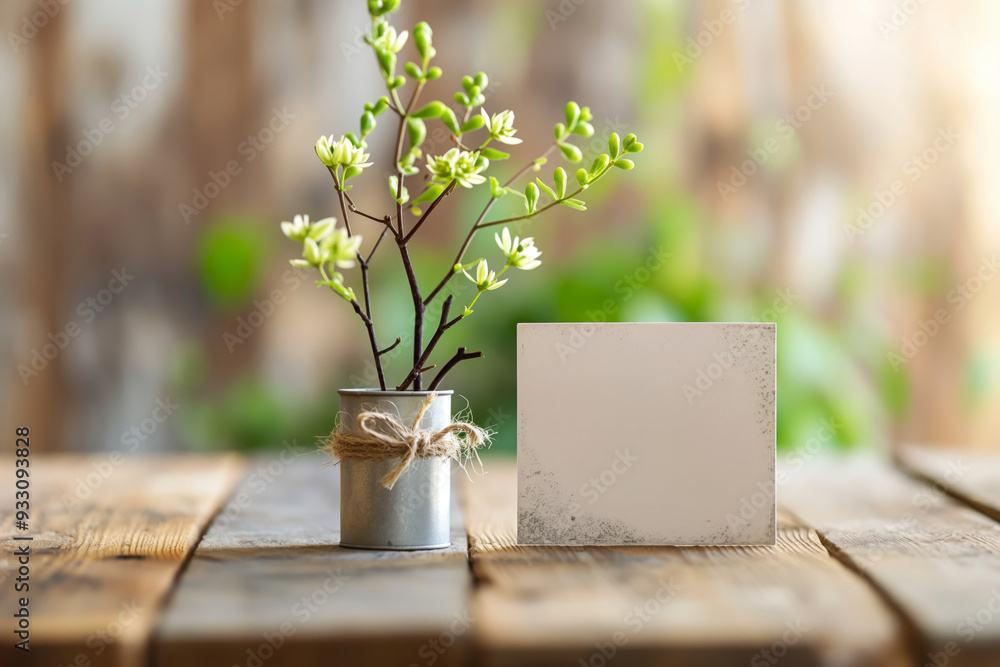 Empty greeting card beside fresh spring blossoms in a rustic setting, conveying positivity and growth Empty greeting card beside fresh spring blossoms in a rustic setting, conveying positivity and growth