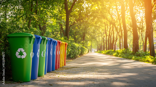 recycling bins sidewalk park residential area, blue green yellow red color symbol, environment recycle sustainability trees greenery eco-friendly natural waste rubbish management paper plastic metal