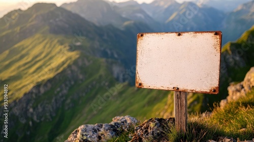 Serene mountain trail blank signboard close up shot - hiking adventure concept.