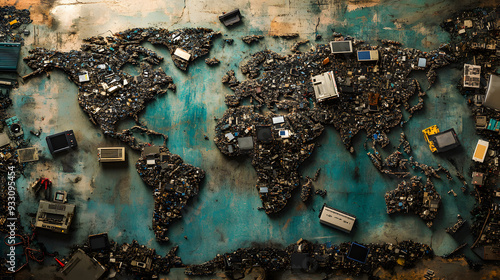 Fototapeta Naklejka Na Ścianę i Meble -  global impact electronic waste pollution yard world map Collection disposal recycling environmental issues polluted areas land contamination environment contaminated illegal dumping