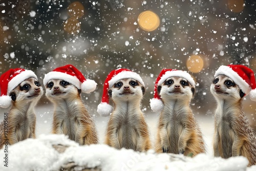 A group of five baby animals wearing Santa hats photo