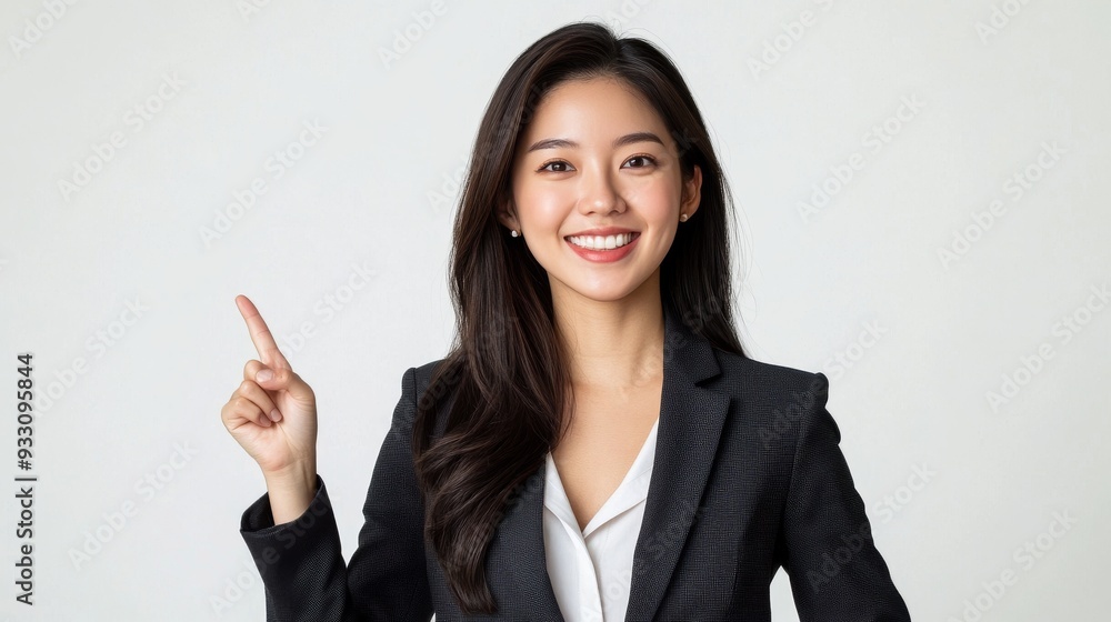 Happy young Asian business woman in blazer pointing finger up isolated on white background Happy young Asian business woman in blazer pointing finger up isolated on white background