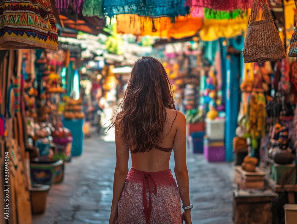 Obraz premium Youthful woman explores colorful mexican market street, embracing local culture in vibrant scene