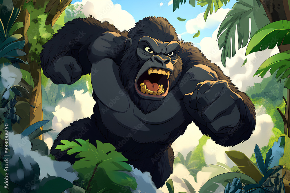 Φωτογραφία king kong rampage in jungle, gorilla king kong rampage in jungle, cartoon style,