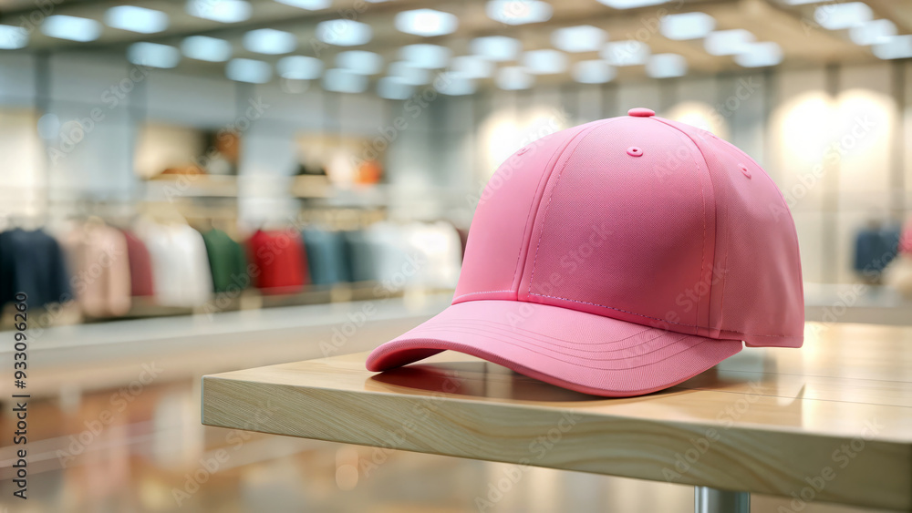 Pink Baseball Cap on a Wooden Table in a Blurred Clothing Store Background. Cap design mock up Pink Baseball Cap on a Wooden Table in a Blurred Clothing Store Background. Cap design mock up