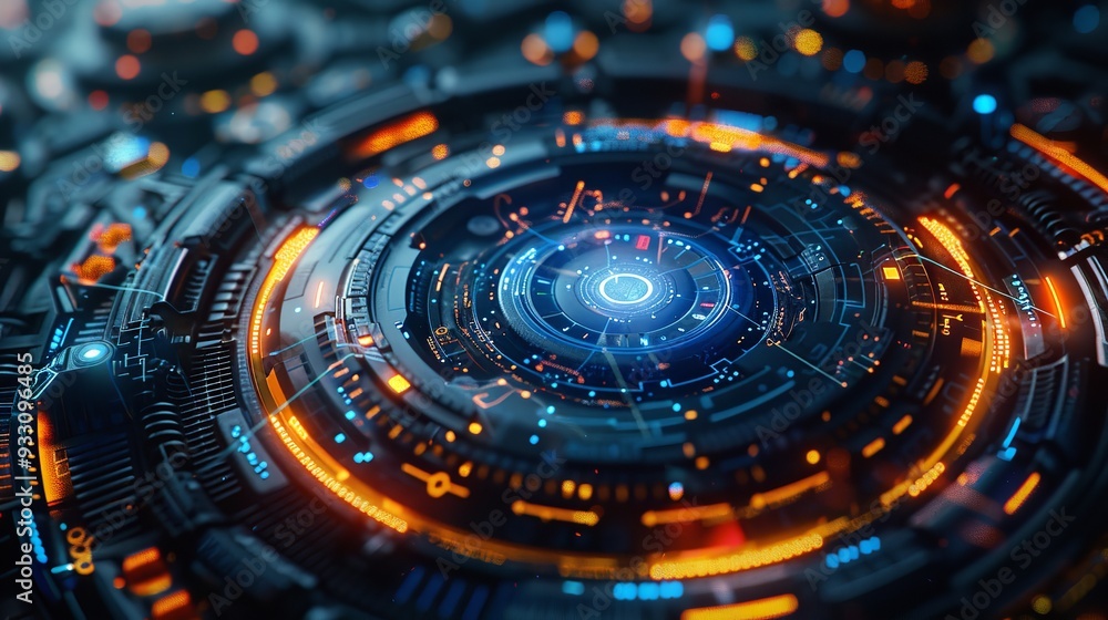 Digital Future, A Futuristic Technology Background for High-Tech Designs, circuit board with glowing orange lights Digital Future, A Futuristic Technology Background for High-Tech Designs, circuit board with glowing orange lights