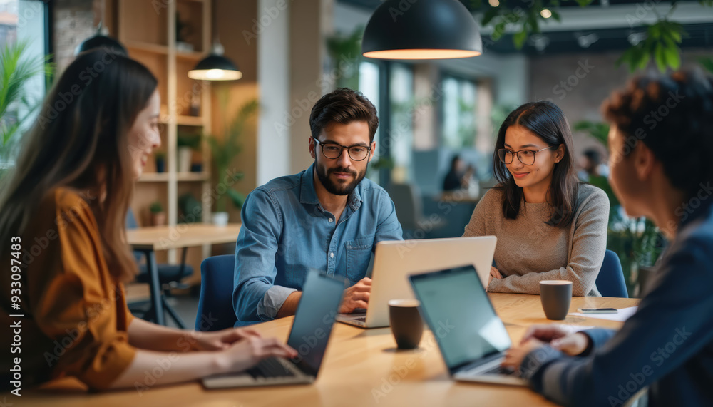 Team of professionals working on laptop in business meeting. Collaboration concept. Team of professionals working on laptop in business meeting. Collaboration concept.
