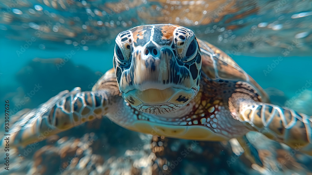 Obraz premium Close-Up Photo of a Sea Turtle Swimming in Turquoise Water