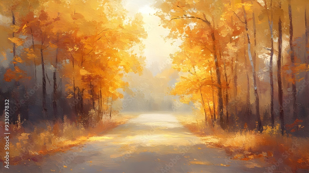 Fototapeta premium Country road in fall, trees with golden leaves, warm sunlight, oil painting style, smooth brushstrokes