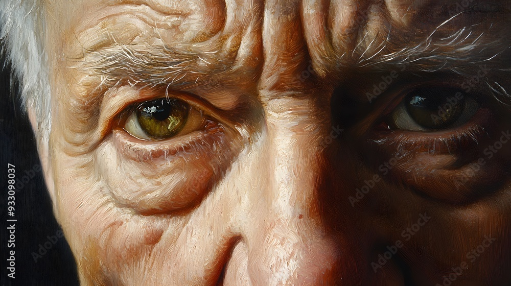 A close-up of an elderly man's face, every wrinkle and detail vividly emphasized through thick, textured oil painting strokes, rich earth tones, traditional art style. A close-up of an elderly man's face, every wrinkle and detail vividly emphasized through thick, textured oil painting strokes, rich earth tones, traditional art style.