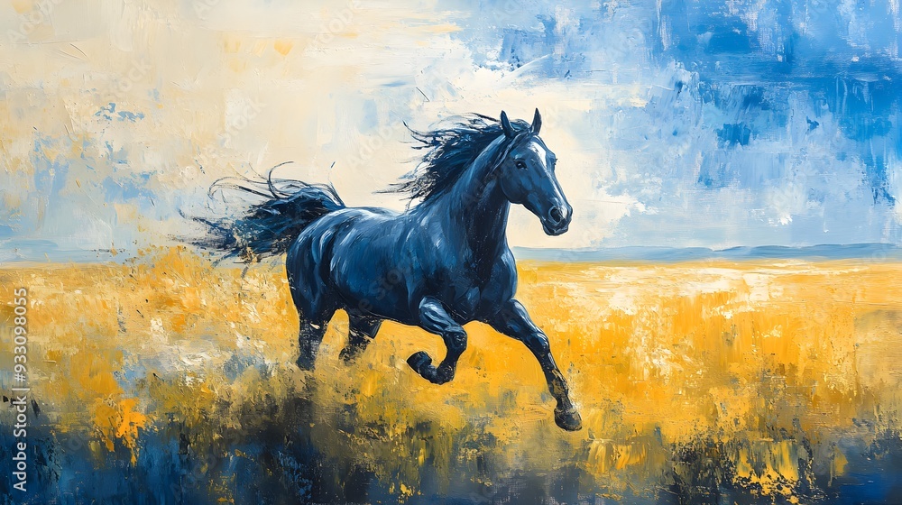 A galloping horse on an endless horizon, oil painting style, fluid brushwork, dynamic and expressive, deep blues and golds. A galloping horse on an endless horizon, oil painting style, fluid brushwork, dynamic and expressive, deep blues and golds.