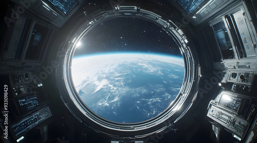 futuristic spacecraft interior circular window planet Earth landscape view outer space universe sun star alien adventure exploration science travel mountains ocean atmosphere galaxy technology fiction