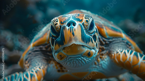 Sea Turtle Close-Up - Detailed Shell and Eye in Blue Water