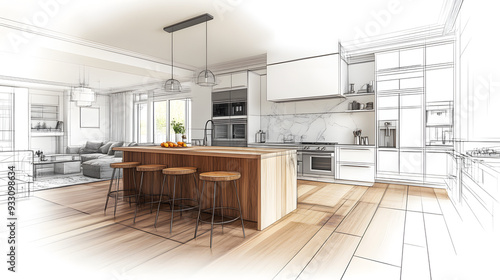 Home house apartment design sketch contemporary luxurious cozy modern wooden kitchen living room area construction interior architect drawing furniture