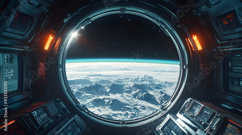 Fototapeta Naklejka Na Ścianę i Meble -  futuristic spacecraft interior circular window planet Earth landscape view outer space universe sun star alien adventure exploration science travel mountains ocean atmosphere galaxy technology fiction