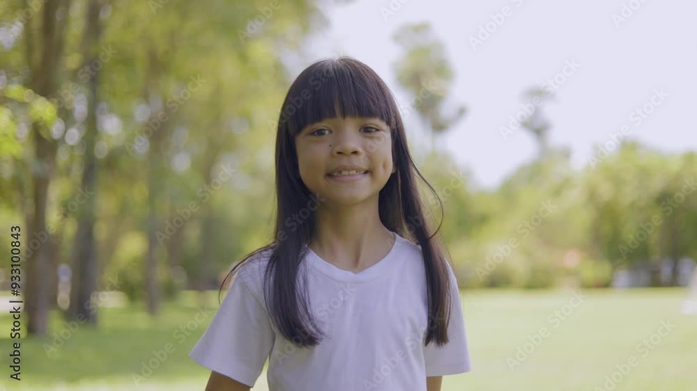 A cute kid girl with long hair wearing a white T-shirt is standing laughing in a cheerful mood with different poses. in a shady green garden before doing morning activity with her family on a holiday. A cute kid girl with long hair wearing a white T-shirt is standing laughing in a cheerful mood with different poses. in a shady green garden before doing morning activity with her family on a holiday.