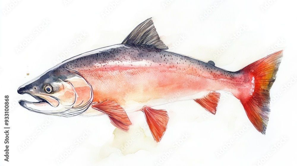Hand drawn watercolor illustration of a salmon fish on a white background Hand drawn watercolor illustration of a salmon fish on a white background