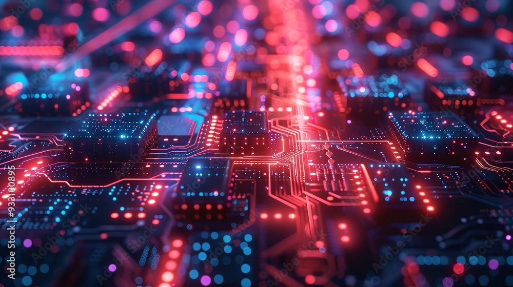 Obraz premium Close up of a computer chip , glowing chip with neon lights, Advance and futuristic view of computer processer