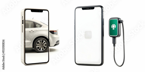 3d Flat icon as EV charger and a smartphone app symbolizing digital connectivity with ample space for text. concept as An EV charger and a smartphone displaying a charging app representing digital con