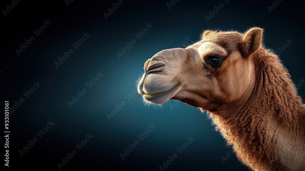 Fototapeta premium Camel posing in a studio, soft lighting accentuating fur texture and gentle eyes, against a simple background.