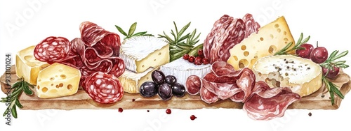 Italian antipasto featuring a variety of cheese and meat snacks Hand drawn watercolor illustration ideal for menus cookbooks and dining establishments