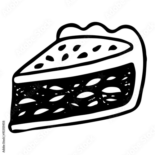 Piece of pie with filling hand drawn doodle. Baked bun. Bread with berry jam. Sweet biscuit dessert food. Confectionery sugar pastry. Bakery product. Vector outline line art illustration.