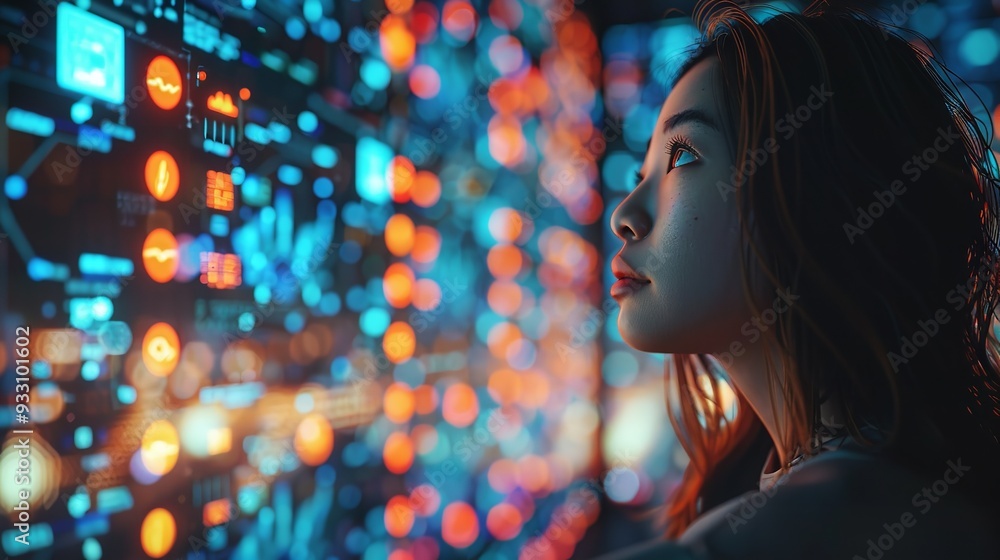 Side profile of a Woman watching a futuristic holographic interface Side profile of a Woman watching a futuristic holographic interface