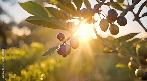 Ripe Olives on the tree branch, sunset light. The sun rays twinkle in the garden with an olive tree