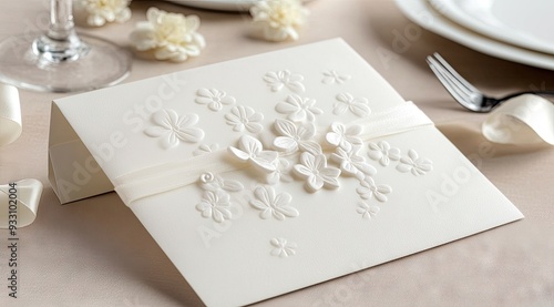 Elegant white wedding invitation with floral embossing on an exquisite table setting adorned with ribbons